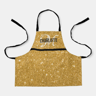 Chic black gold glitter monogram girl name apron