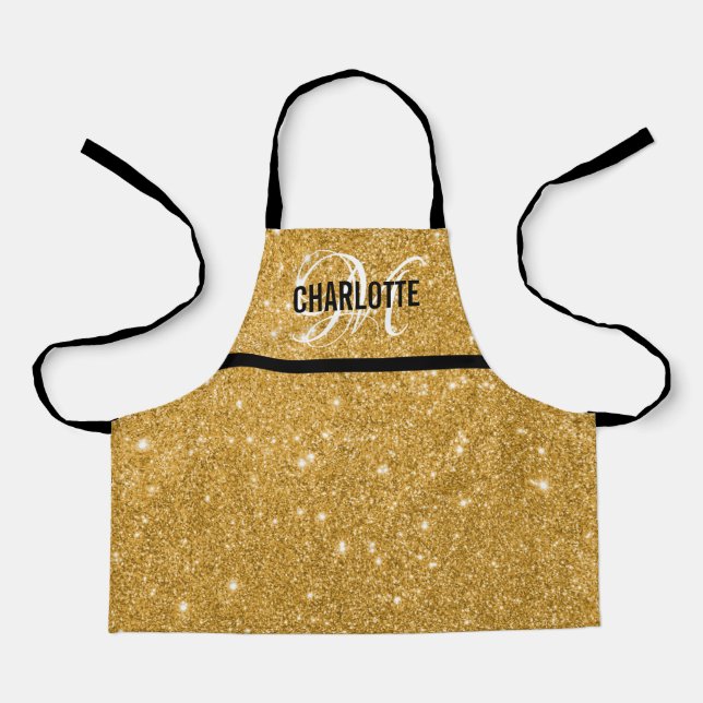 Chic black gold glitter monogram girl name  apron (Front)