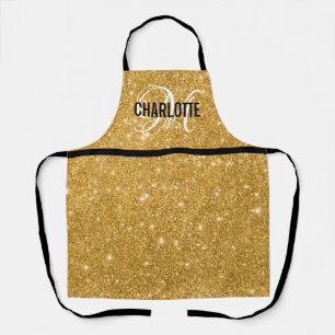 Chic black gold glitter monogram name  apron