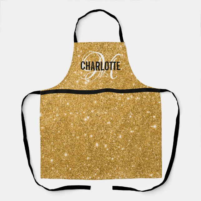 Chic black gold glitter monogram name  apron (Front)