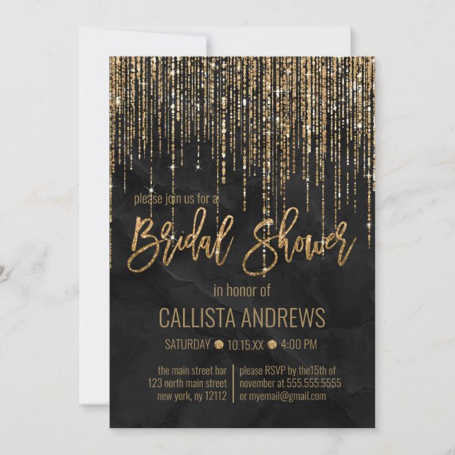 Chic Black Gold Glitter Pearl Marble Bridal Shower Invitation (Front)