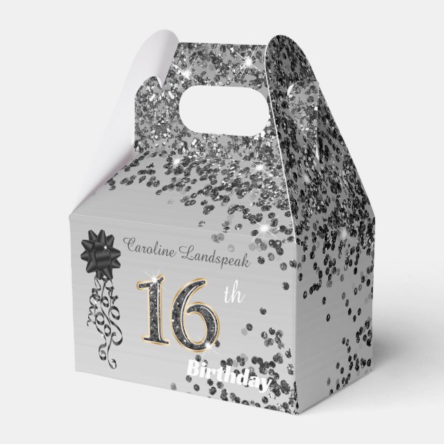 Chic Black Gold Glitter & Ribbon 16th Birthday  Favour Box (Front Side)