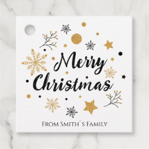 Chic Black Gold Glitter Snowflake Script Christmas Favour Tags