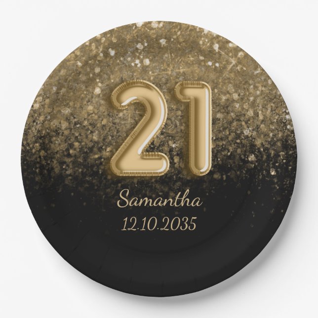 Chic Black Gold Glitter Sparkle 21 Birthday  Paper Plate (Front)