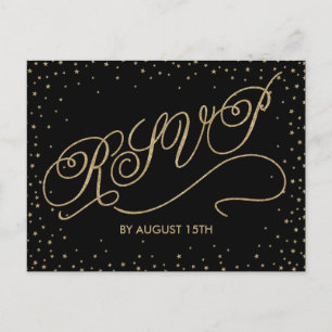 Chic Black & Gold Glitter Stars RSVP Postcard