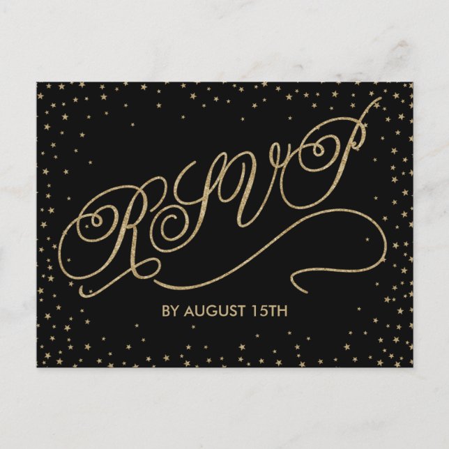 Chic Black & Gold Glitter Stars RSVP Postcard (Front)
