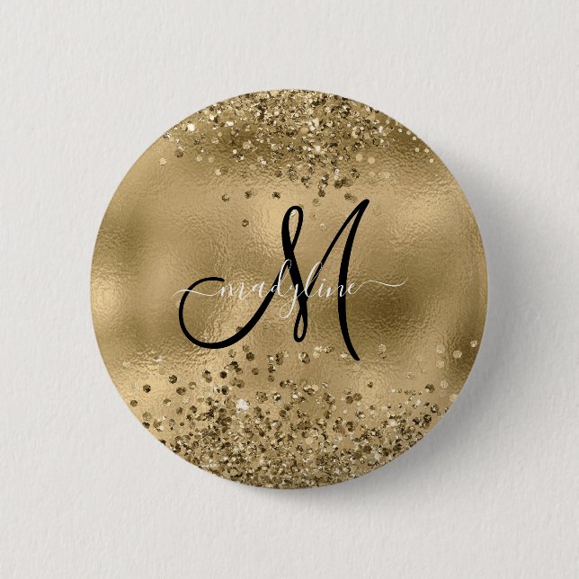 Chic Black Gold Glitters Monogram Name    6 Cm Round Badge (Front)
