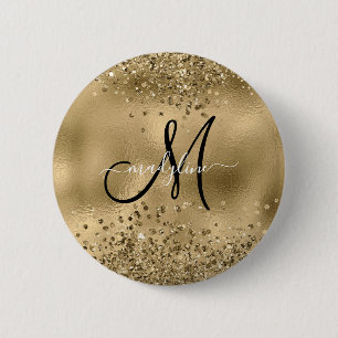 Chic Black Gold Glitters Monogram Name    6 Cm Round Badge