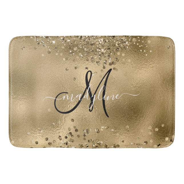 Chic Black Gold Glitters Monogram Name     Bath Mat (Front)