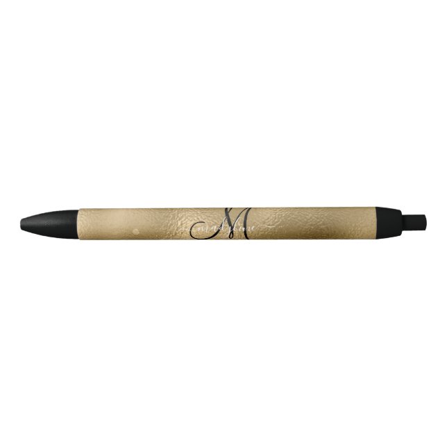 Chic Black Gold Glitters Monogram Name  Black Ink Pen (Front)