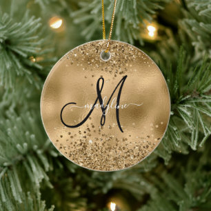 Chic Black Gold Glitters Monogram Name Ceramic Tree Decoration