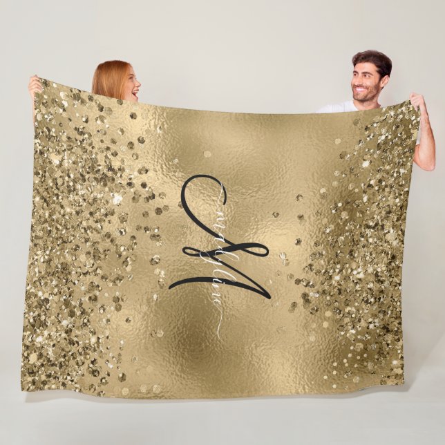 Chic Black Gold Glitters Monogram Name    Fleece Blanket (In Situ)