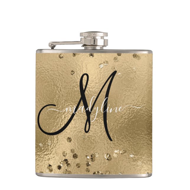 Chic Black Gold Glitters Monogram Name      Hip Flask (Front)