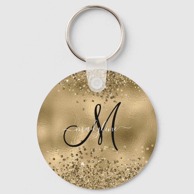 Chic Black Gold Glitters Monogram Name   Key Ring (Front)