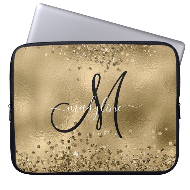 Chic Black Gold Glitters Monogram Name    Laptop Sleeve (Front)