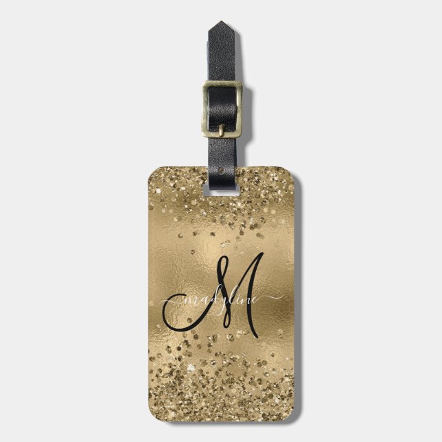 Chic Black Gold Glitters Monogram Name    Luggage Tag (Front Vertical)