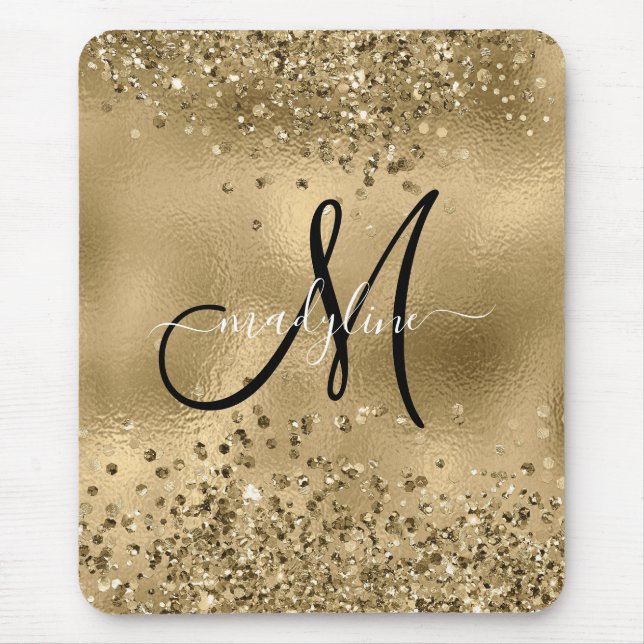Chic Black Gold Glitters Monogram Name   Mouse Mat (Front)