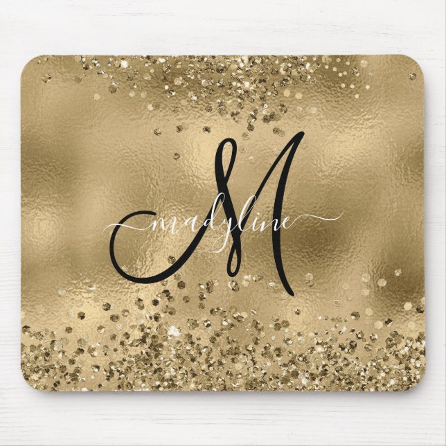 Chic Black Gold Glitters Monogram Name   Mouse Pad (Front)