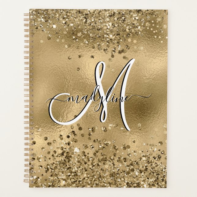 Chic Black Gold Glitters Monogram Name   Planner (Front)
