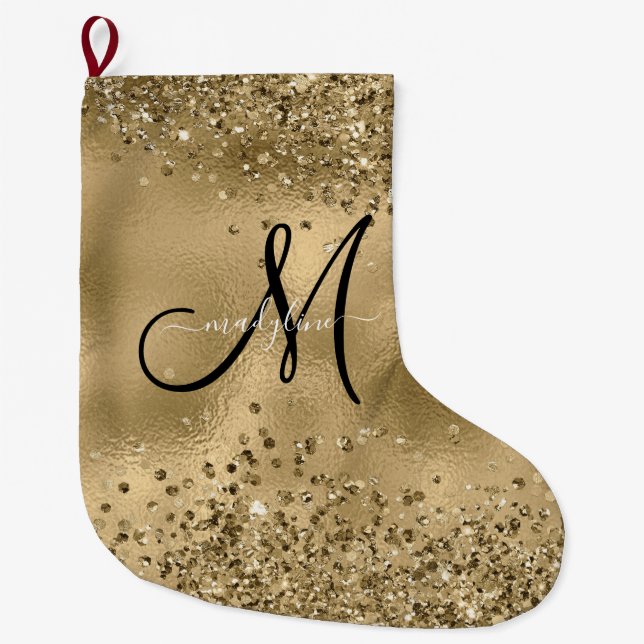 Chic Black Gold Glitters Monogram Name    Small Ch Large Christmas Stocking (Front)