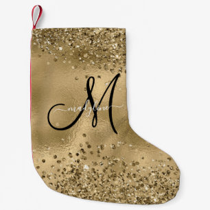 Chic Black Gold Glitters Monogram Name    Small Christmas Stocking