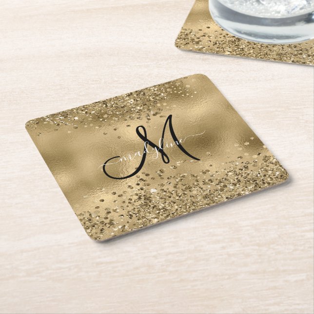 Chic Black Gold Glitters Monogram Name    Square Paper Coaster (Angled)