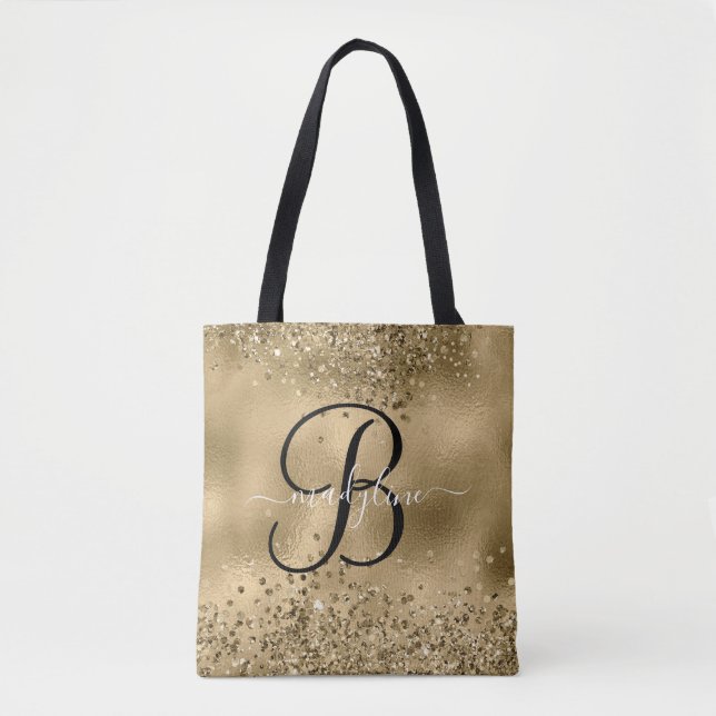 Chic Black Gold Glitters Monogram Name     Tote Ba (Front)