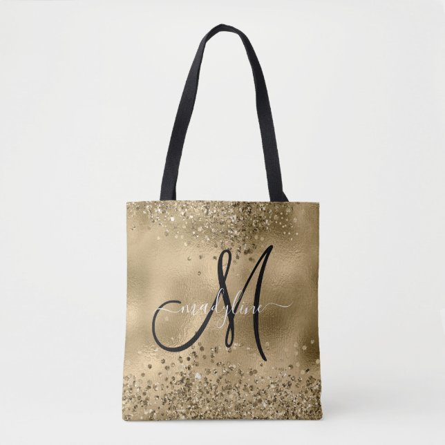 Chic Black Gold Glitters Monogram Name     Tote Bag (Front)