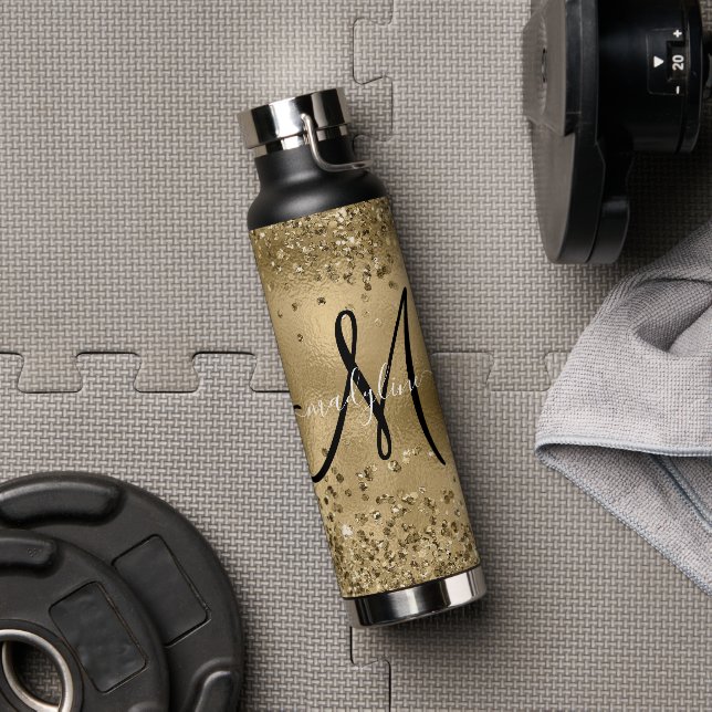 Chic Black Gold Glitters Monogram Name Water Bottle (Gym)