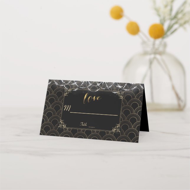 Chic Black Gold Great Gatsby Art Deco 20s  Wedding Place Card (Front)