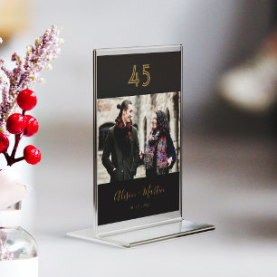 Chic Black & Gold Hand Lettered Photo Wedding Table Number