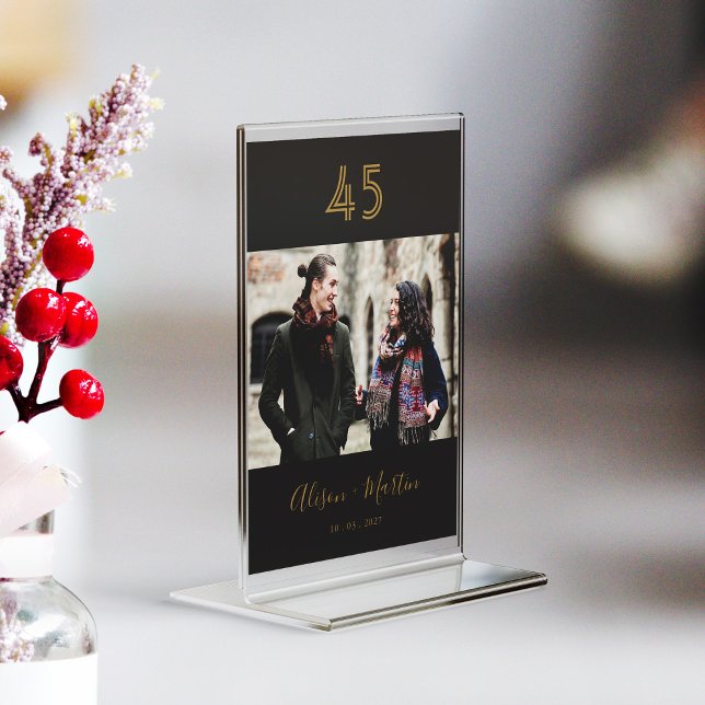 Chic Black & Gold Hand Lettered Photo Wedding Table Number (Personalized Chic Black & Gold Hand Lettered Photo Wedding Table Number)