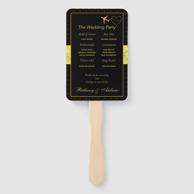 Chic Black Gold  Heart Wedding Ceremony Program Hand Fan (Back)