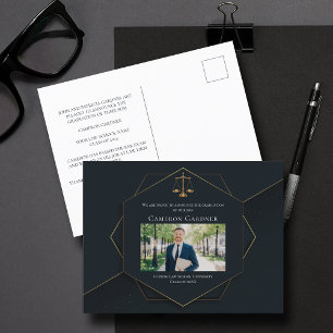 Chic Black Gold Law School Photo Graduation Announcement Postcard