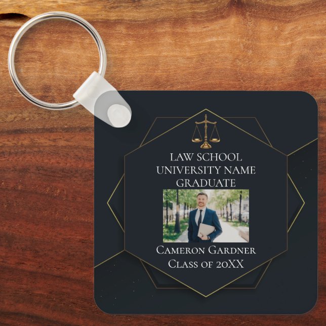 Chic Black Gold Law School Photo Graduation Gift Key Ring (Front)