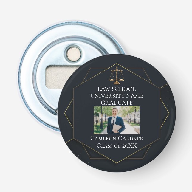 Chic Black Gold Law School Photo Graduation Party Bottle Opener (Front)