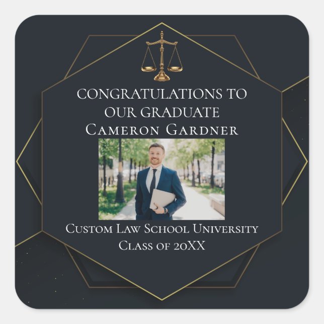 Chic Black Gold Law School Photo Graduation Party Square Sticker (Front)