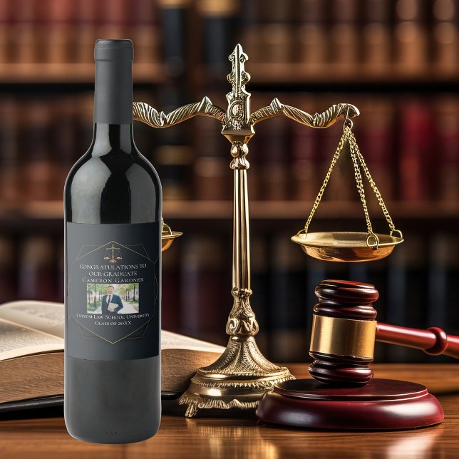 Chic Black Gold Law School Photo Graduation Party Wine Label (Creator Uploaded)