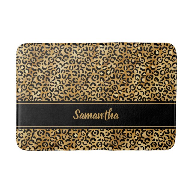 Chic Black Gold Leopard Print Personalised Bath Mat (Front)
