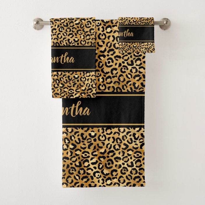 Chic Black Gold Leopard Print Personalised Bath Towel Set Zazzle.co.uk