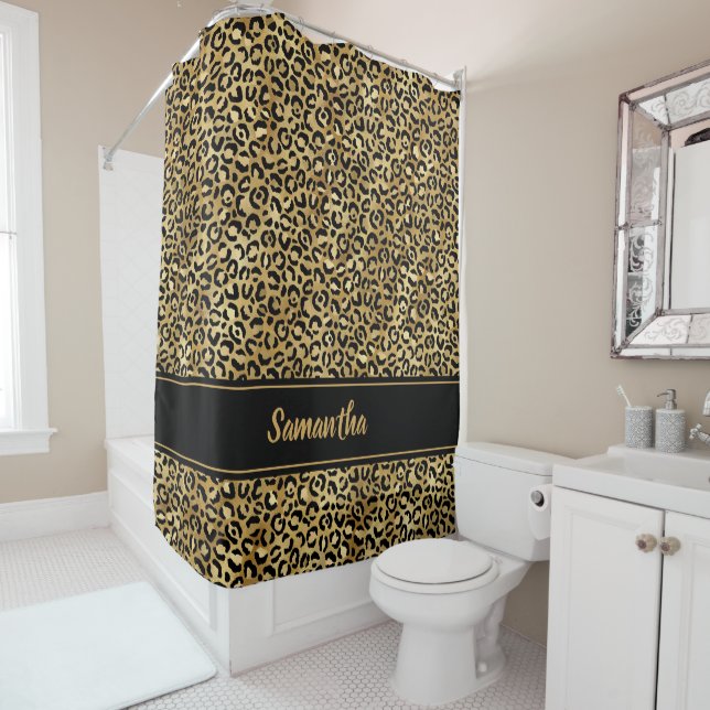 Chic Black Gold Leopard Print Personalised Shower Curtain (In Situ)