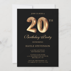 Chic Black & Gold Luxury Stylish 20th Birthday Invitation