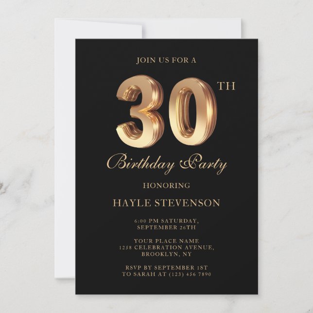 Chic Black & Gold Luxury Stylish 30th Birthday Invitation (Front)