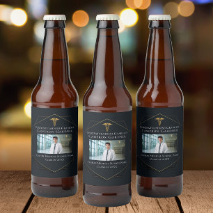 Chic Black Gold Medical School Graduation Photo Beer Bottle Label