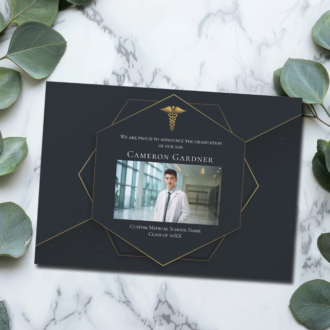Chic Black Gold Medical School Photo Graduation Announcement (Creator Uploaded)