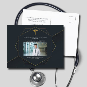Chic Black Gold Medical School Photo Graduation Announcement Postcard