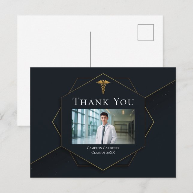Chic Black Gold Medical School Photo Graduation Postcard (Front/Back)
