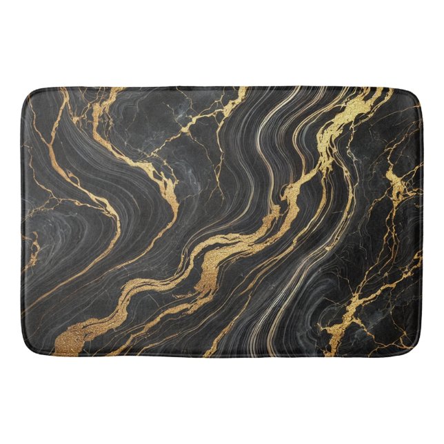 Chic Black & Gold Metallic Marble Look Glamour Bath Mat (Front)