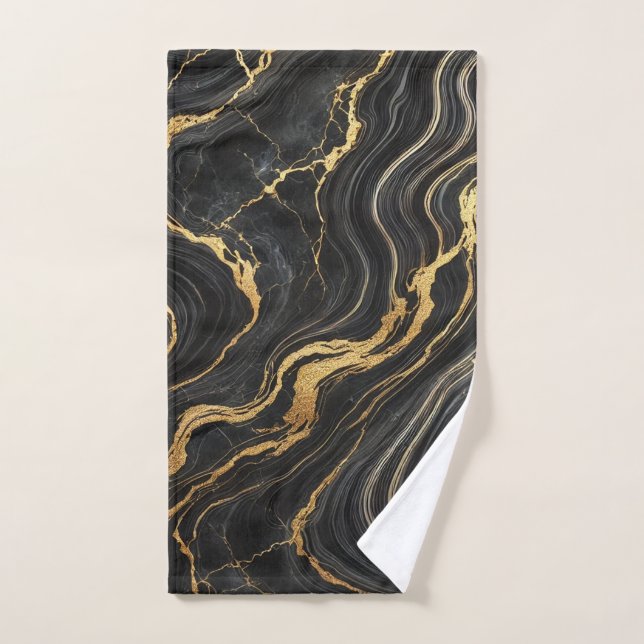 Chic Black & Gold Metallic Marble Look Glamour Bath Towel Set (Hand Towel)