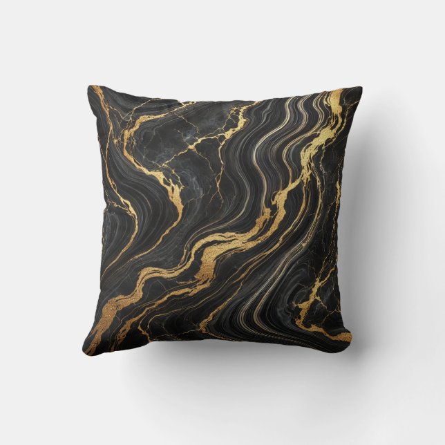 Chic Black & Gold Metallic Marble Look Glamour Cushion (Back)